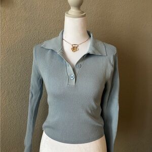 Zara Dusty Blue Ribbed Polo Long Sleeve Top